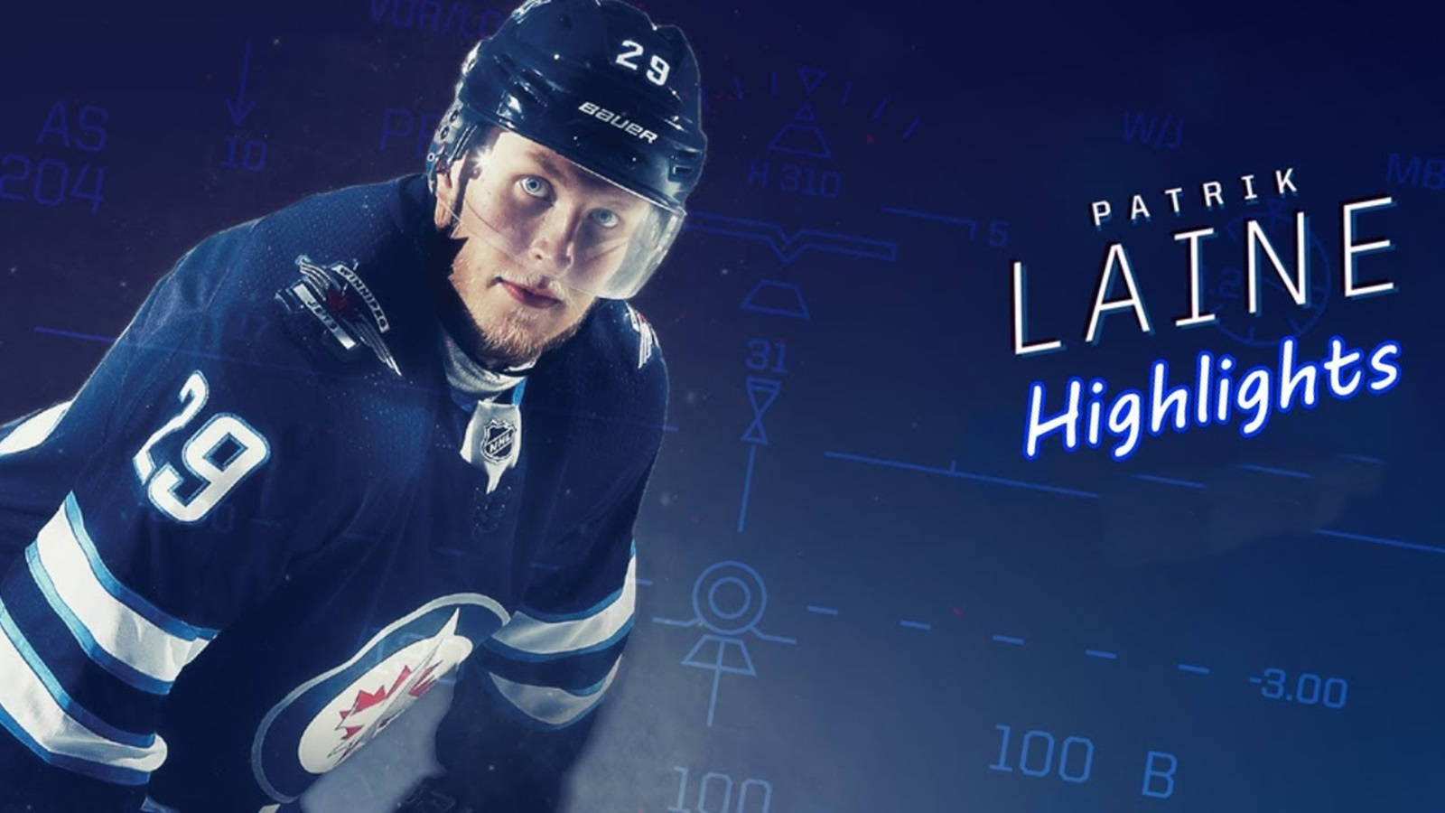 運動 桌布 壁紙 — 冰球運動員 Patrik Laine 身穿藍色 29 號球衣，在深藍色數位統計背景前凝視。