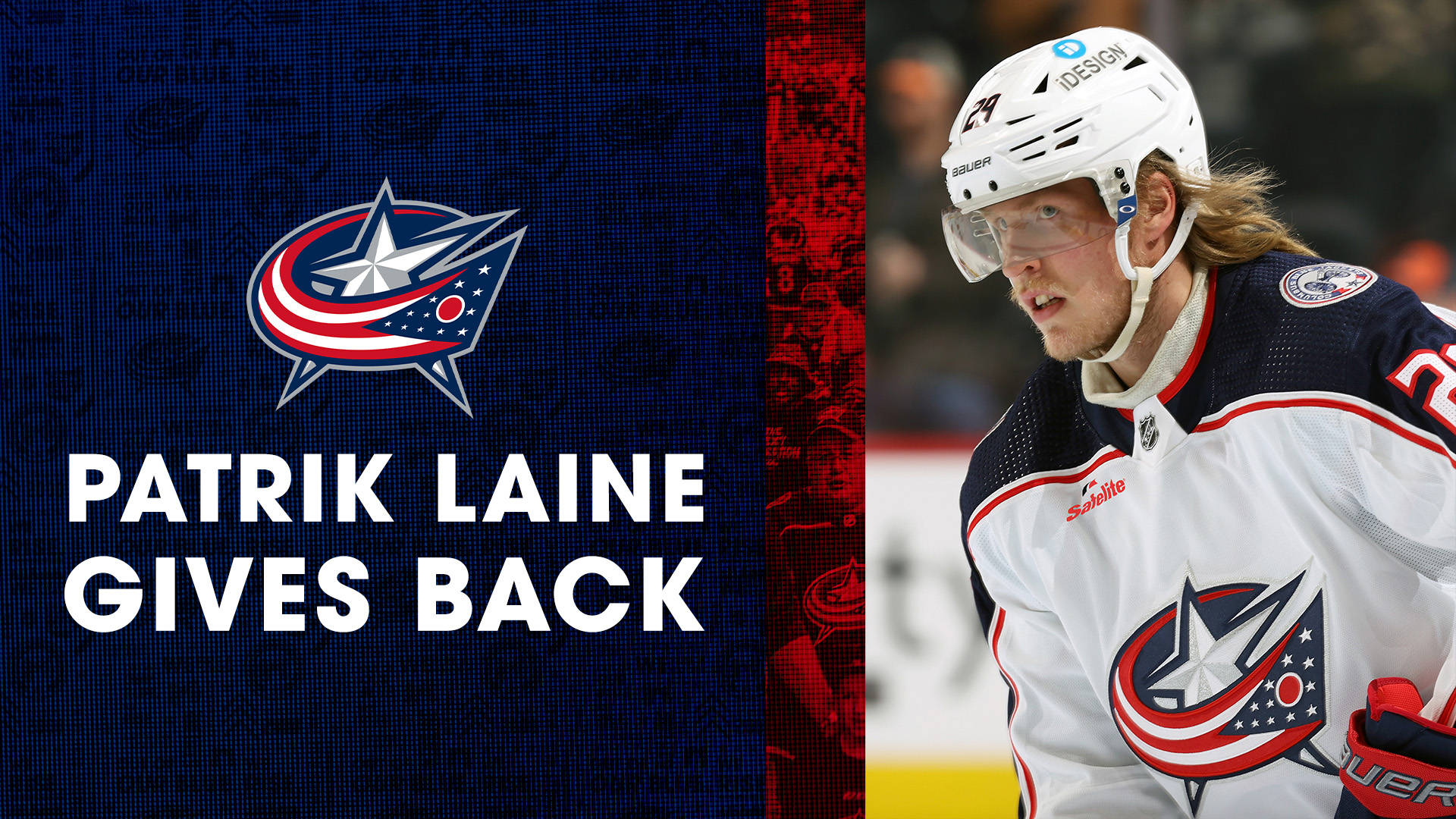 運動 桌布 壁紙 — 冰球運動員 Patrik Laine 身穿哥倫布藍夾克裝備，在冰上與球隊標誌和「Patrik Laine Gives Back」文字旁顯得專注。