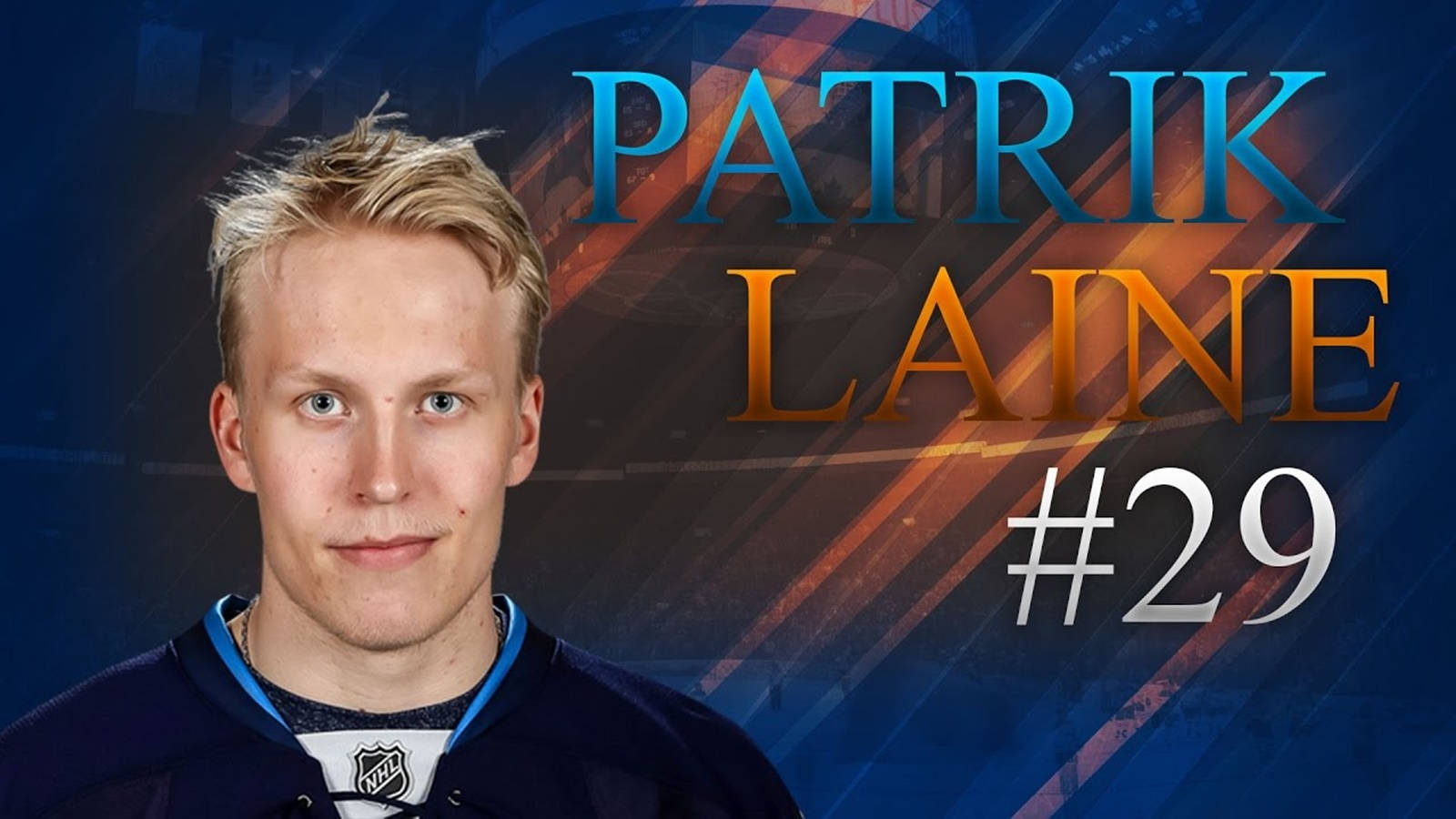 運動 桌布 壁紙 — 冰球運動員 Patrik Laine 的肖像，身穿印有粗體名字和號碼的球衣，背景為動感的藍色和橙色抽象圖案。