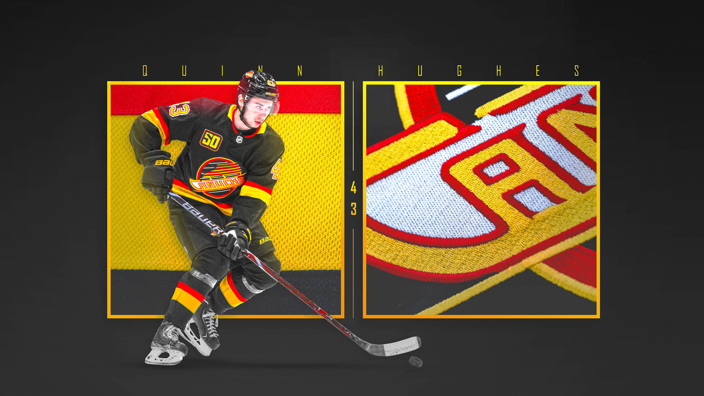 hockey 桌布 壁紙 — 冰球運動員 Quinn Hughes 身穿黑黃紅制服，蹲下準備揮棍，背景有紋理及球隊標誌。