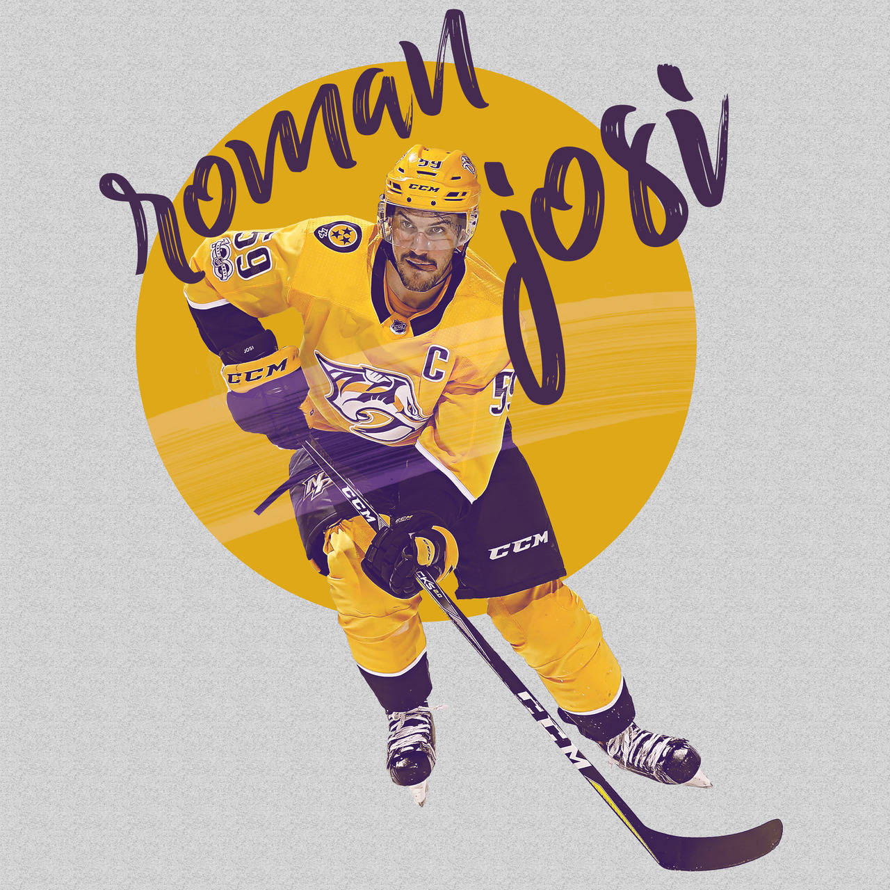 運動 桌布 壁紙 — 冰球運動員 Roman Josi 身穿黃色和紫色球衣，在鮮明的黃色圓形背景上動態滑冰。