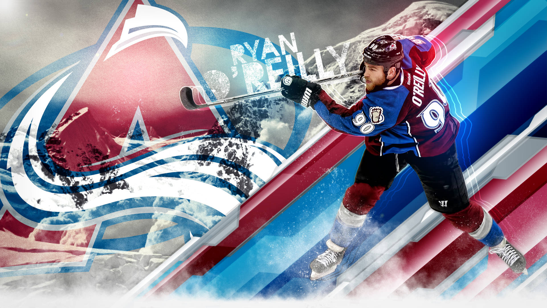hockey 桌布 壁紙 — 冰球運動員 Ryan O'Reilly 穿著科羅拉多雪崩隊裝備，在動態抽象背景和球隊標誌前行動。