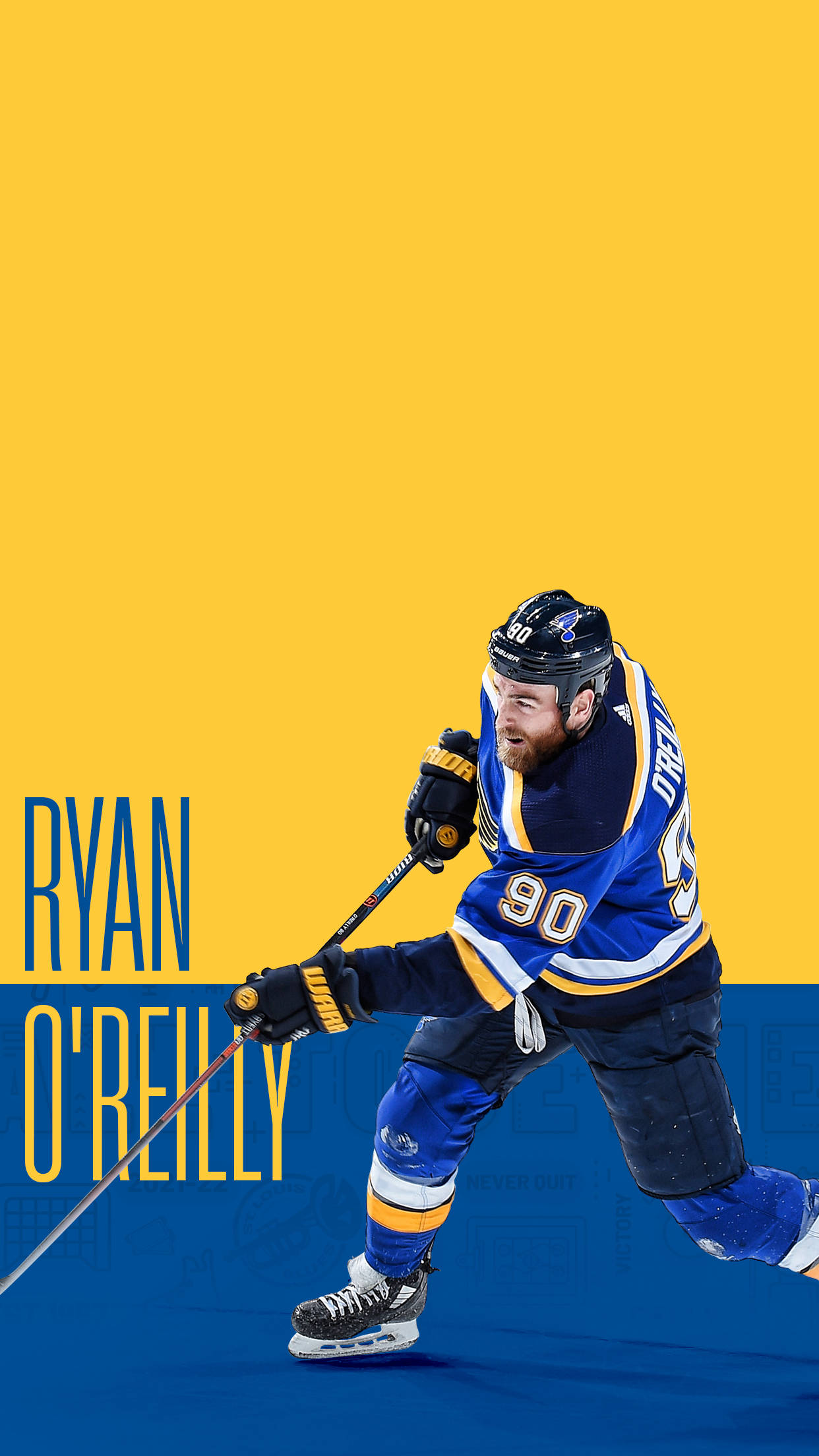 hockey 桌布 壁紙 — 冰球運動員 Ryan O'Reilly 身穿藍色和金色制服，在鮮明的黃色和藍色背景上動態滑冰。