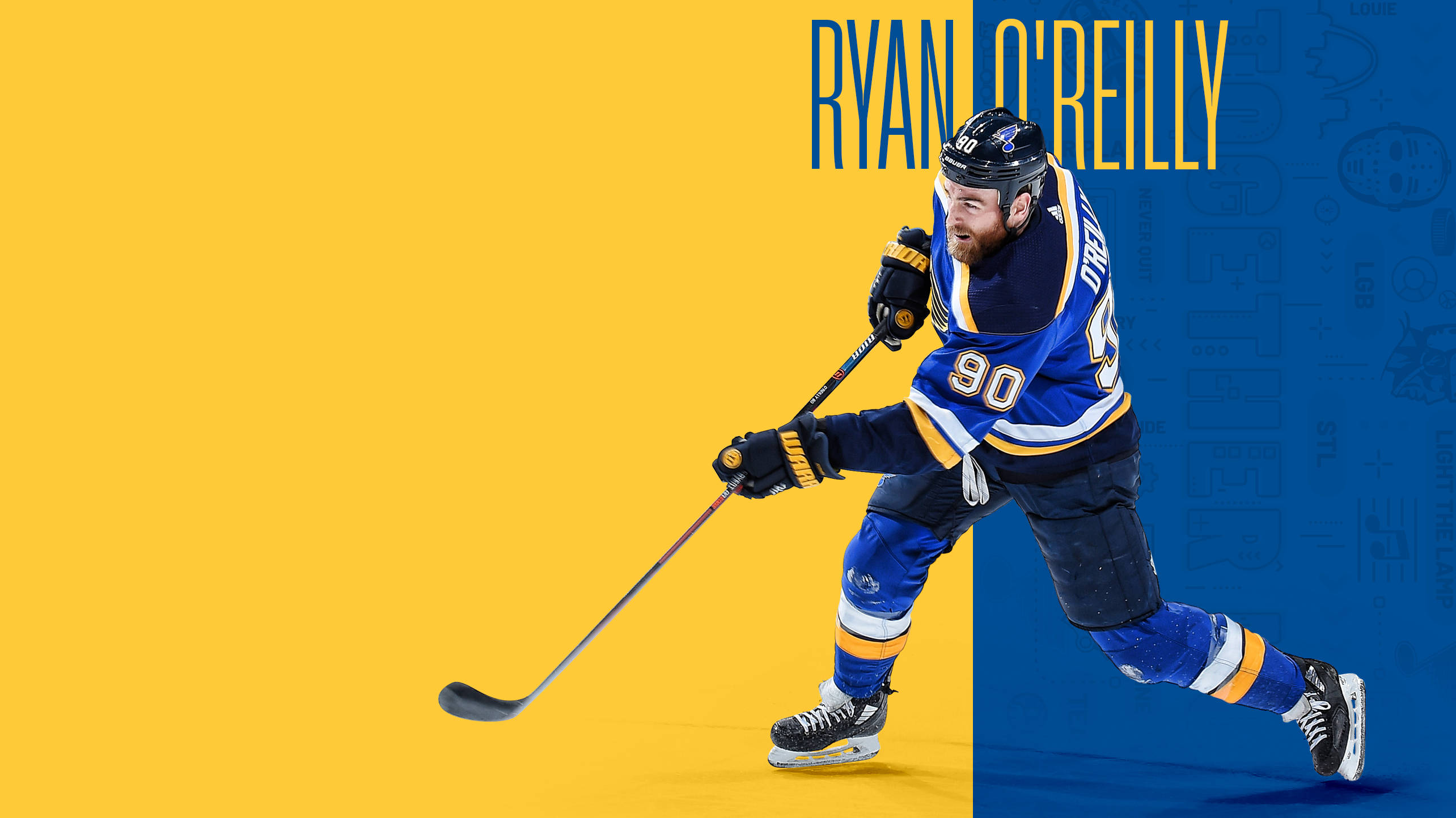 曲棍球 桌布 壁紙 — 冰球運動員 Ryan O'Reilly 身穿藍金色制服，在黃藍分色背景上動態滑行。