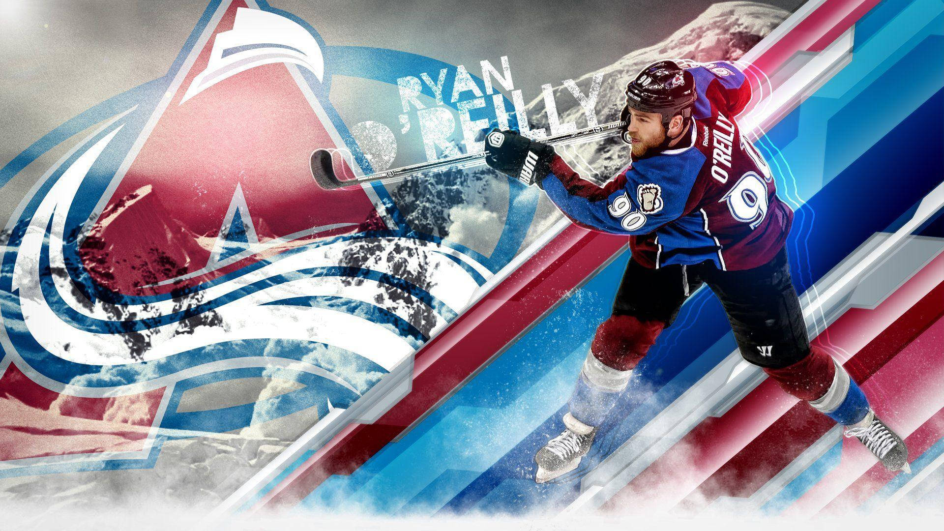 Avalanche 桌布 壁紙 — 冰球運動員 Ryan O'Reilly 身穿科羅拉多雪崩隊裝備，在風格化山脈背景和球隊標誌前奮戰。