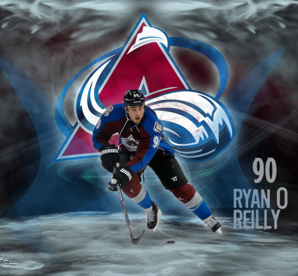 hockey 桌布 壁紙 — 冰球運動員 Ryan O'Reilly 在冰上作賽，背後閃耀著科羅拉多雪崩隊標誌。