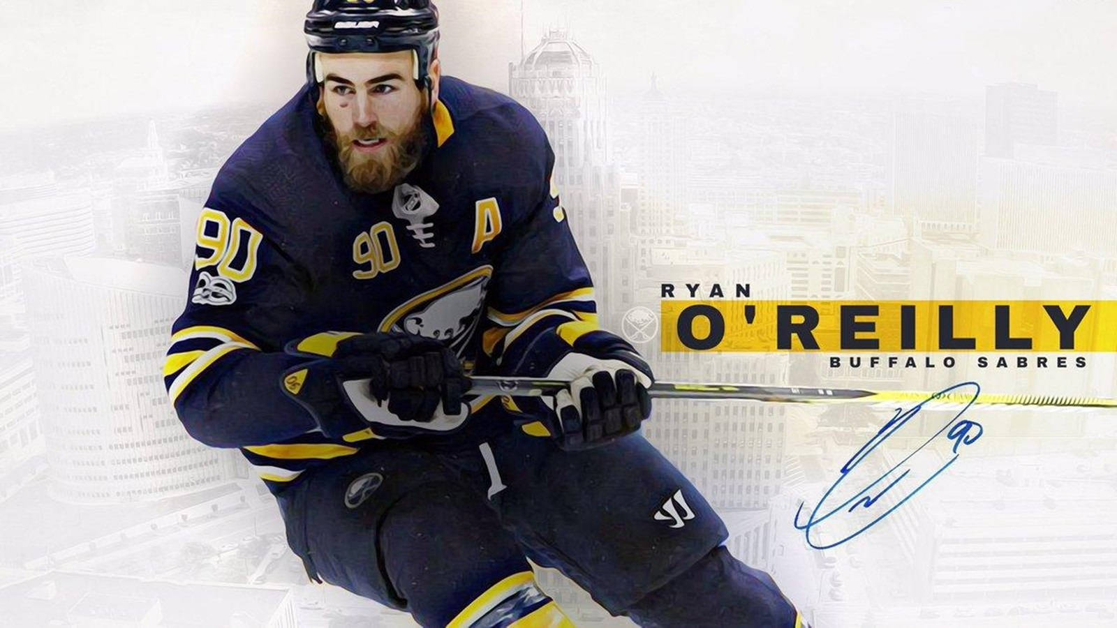 hockey 桌布 壁紙 — 冰球運動員 Ryan O'Reilly 身穿水牛城軍刀隊裝備，手持球棍蹲在褪色的城市天際線背景前。