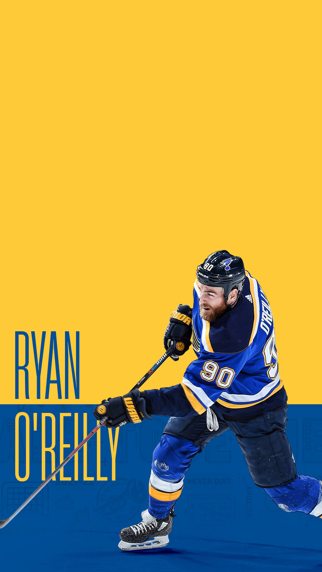 藝術 桌布 壁紙 — 冰球運動員 Ryan O'Reilly 身穿藍黃色制服，在鮮明的黃藍色背景上動態滑行。