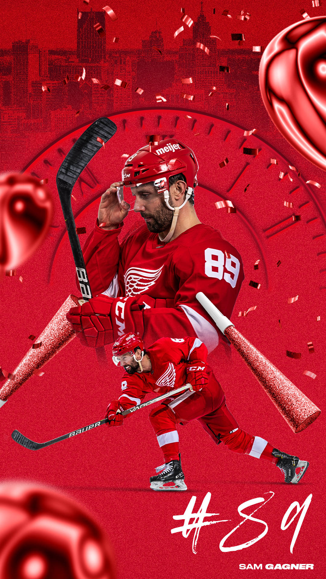 detroit 桌布 壁紙 — 冰球運動員 Sam Gagner 身穿紅色球衣，在充滿活力的紅色背景上動態擺姿勢，背景有漂浮的玫瑰和五彩紙屑。