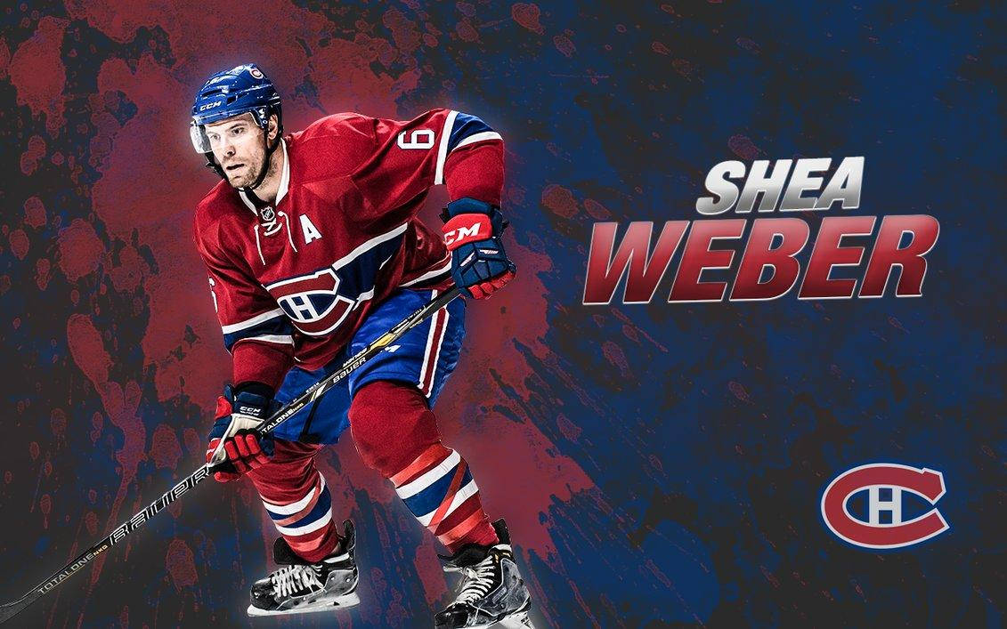 運動 桌布 壁紙 — 冰球運動員 Shea Weber 身穿紅藍色蒙特婁加拿大人隊裝備，在鮮明的紅藍色潑濺背景上動態滑行。