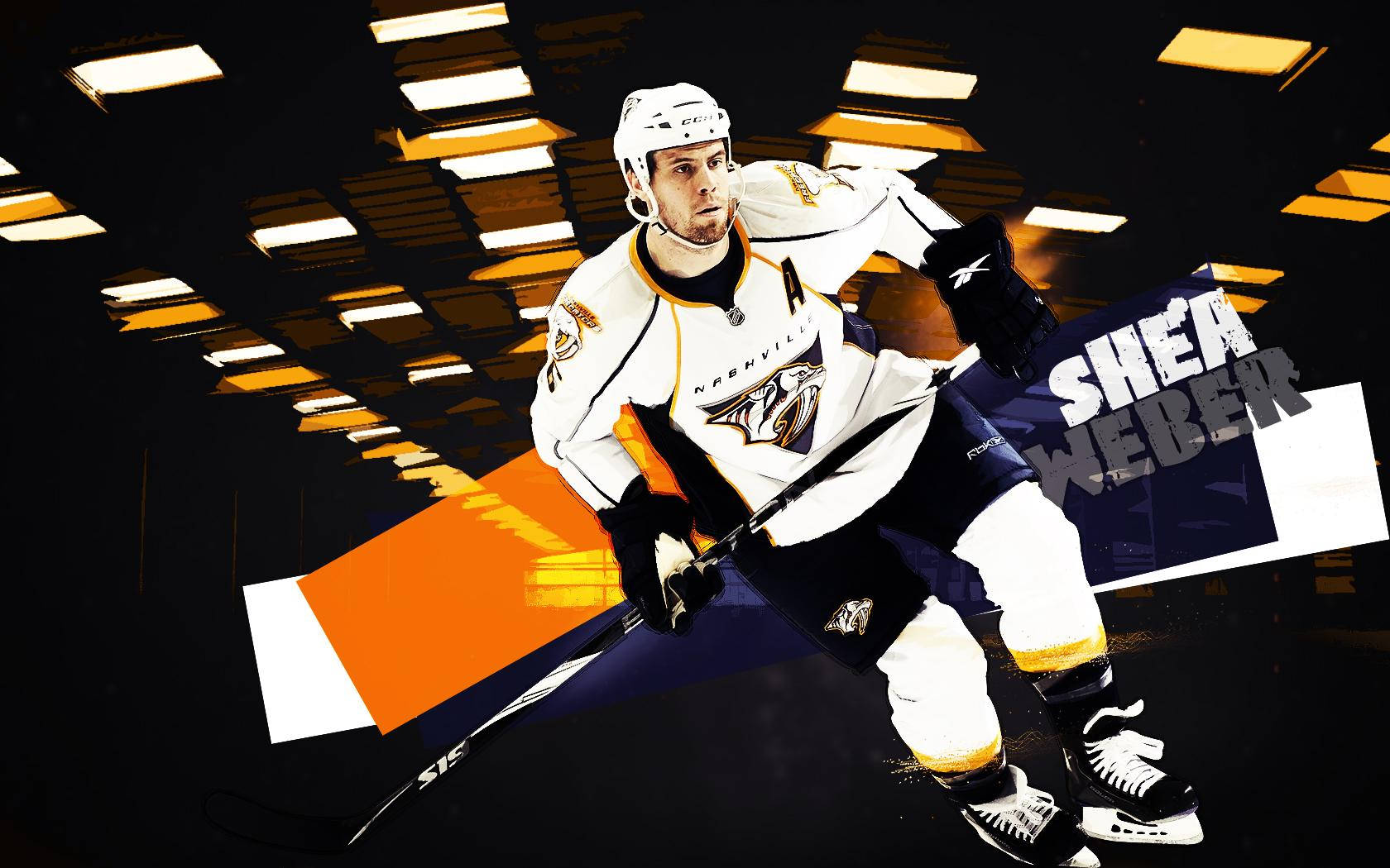運動 桌布 壁紙 — 冰球運動員 Shea Weber 身穿納什維爾掠奪者隊裝備，在戲劇性的頂光下持球棍和頭盔向前邁進。