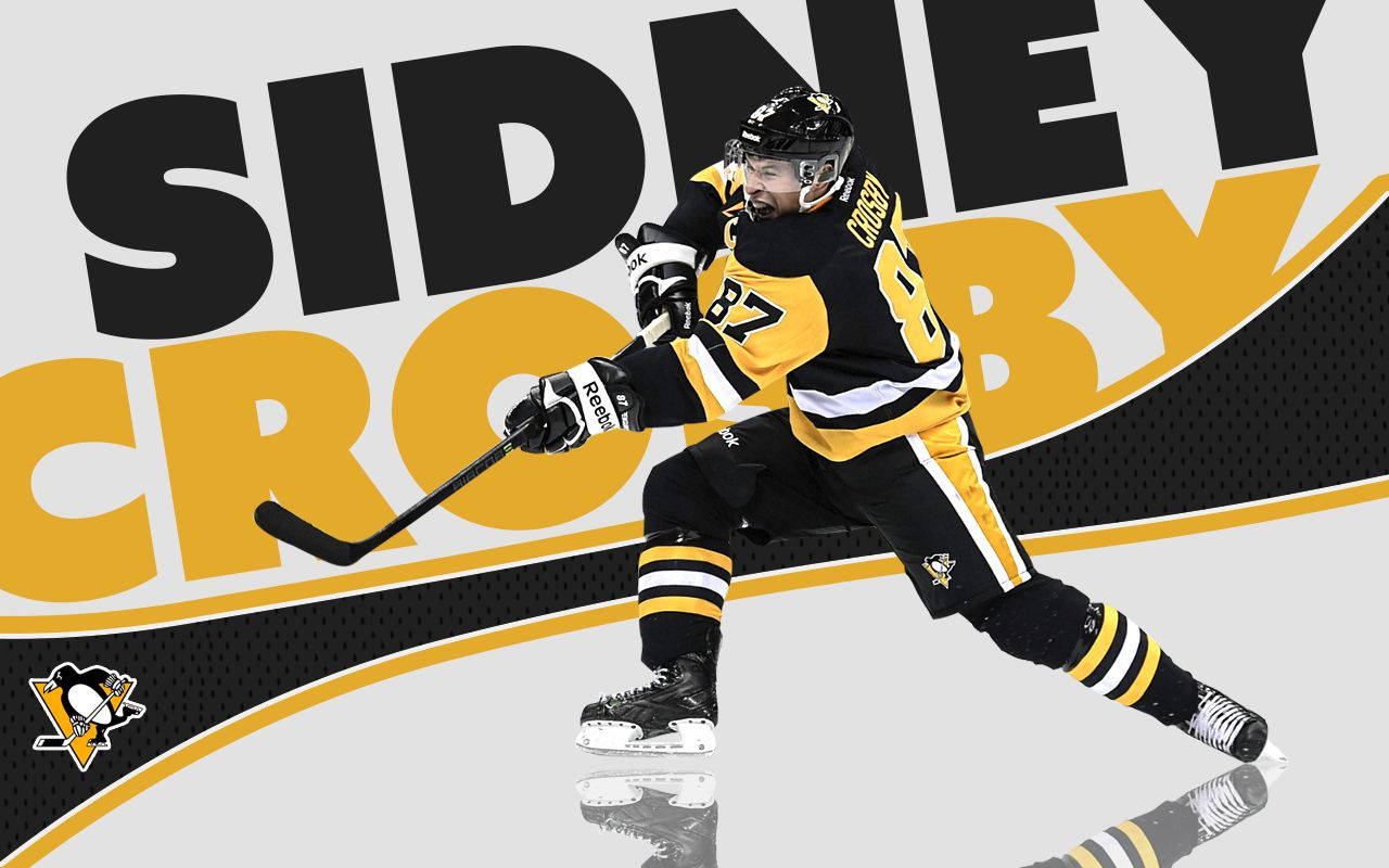 運動 桌布 壁紙 — 冰球運動員 Sidney Crosby 身穿黑金色制服，手持球桿在鮮明的圖形背景上動態滑行。