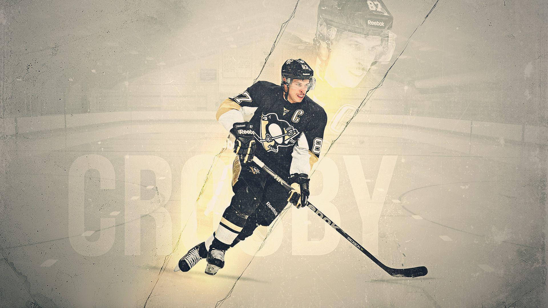 運動 桌布 壁紙 — 冰球運動員 Sidney Crosby 身穿黑金色球衣，在冰上動感滑行，伴隨著發光效果，背後有他的大名字。