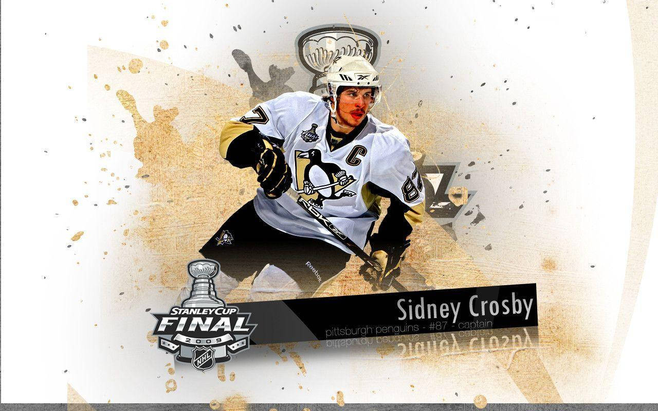 運動 桌布 壁紙 — 冰球運動員 Sidney Crosby 穿著匹茲堡企鵝隊裝備，準備溜冰，並帶有史丹利盃決賽 2009 圖形疊加效果。