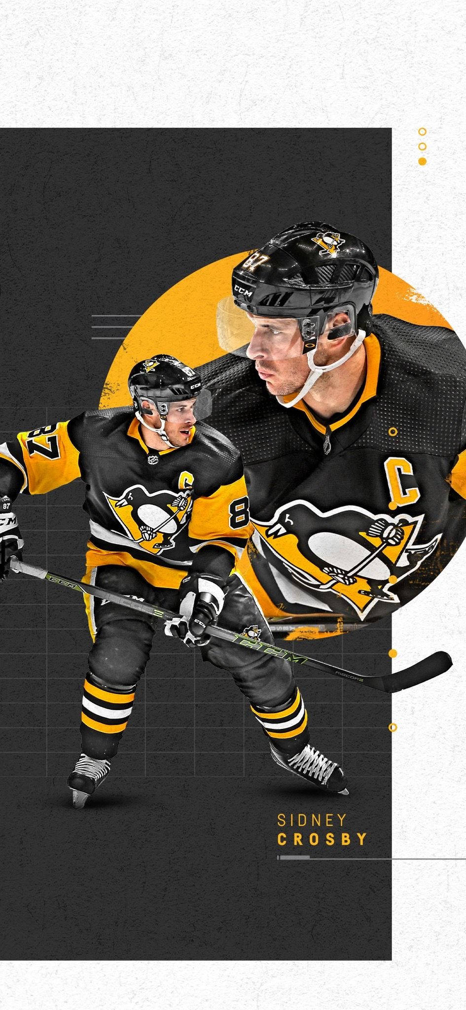 運動 桌布 壁紙 — 冰球運動員 Sidney Crosby 身穿黑色和金色企鵝隊裝備，在深色背景上帶有醒目黃色圓形裝飾的動態插圖。