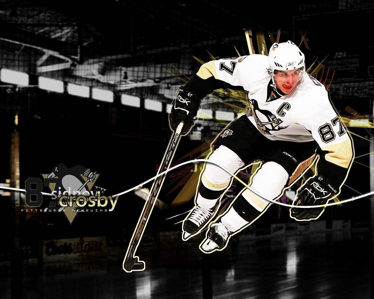 運動 桌布 壁紙 — 冰球運動員 Sidney Crosby 在冰上以動態動作線條和戲劇性燈光中行動。