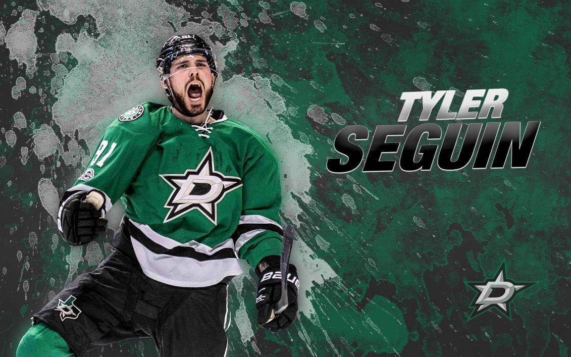 運動 桌布 壁紙 — 冰球運動員 Tyler Seguin 身穿綠色達拉斯星隊球衣，在濺滿綠色和灰色的背景上激烈咆哮。