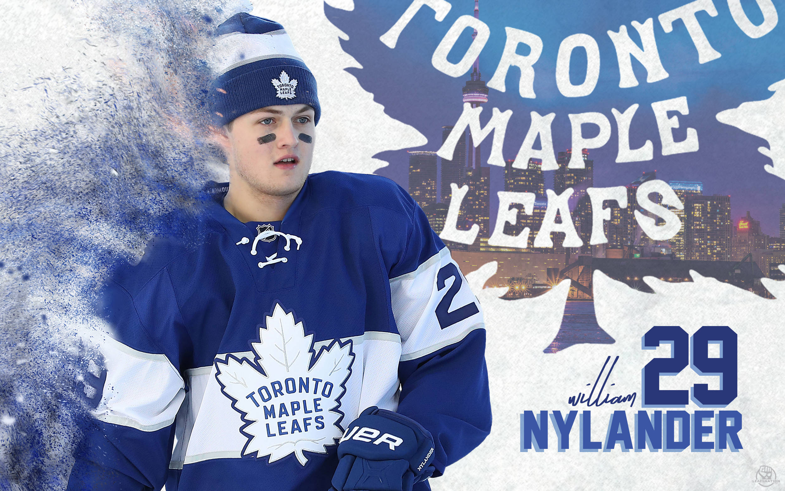 hockey 桌布 壁紙 — 冰球運動員 William Nylander 身穿多倫多楓葉隊裝備，站在雪景城市天際線前，帶有球隊標誌和他的 29 號號碼。
