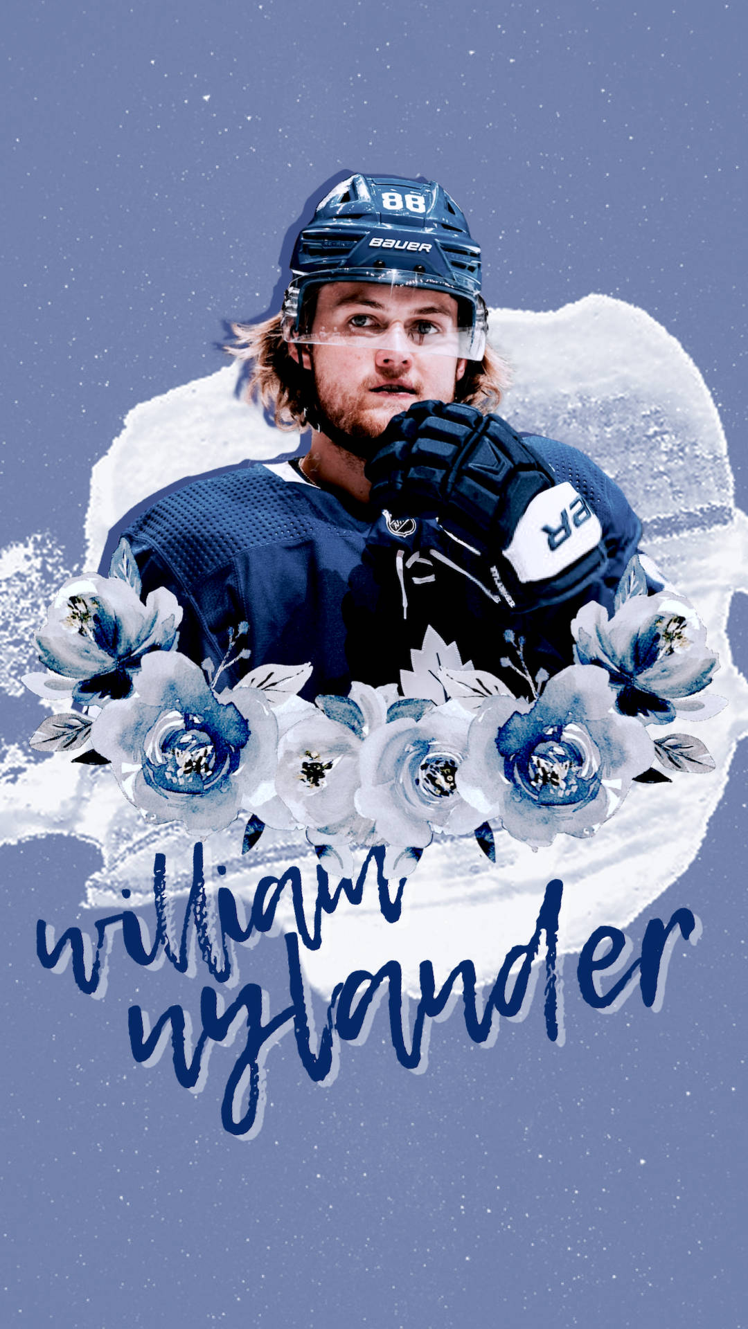 hockey 桌布 壁紙 — 冰球運動員 William Nylander 身穿藍色裝備，被白色花卉漩渦環繞，背景為雪藍色。