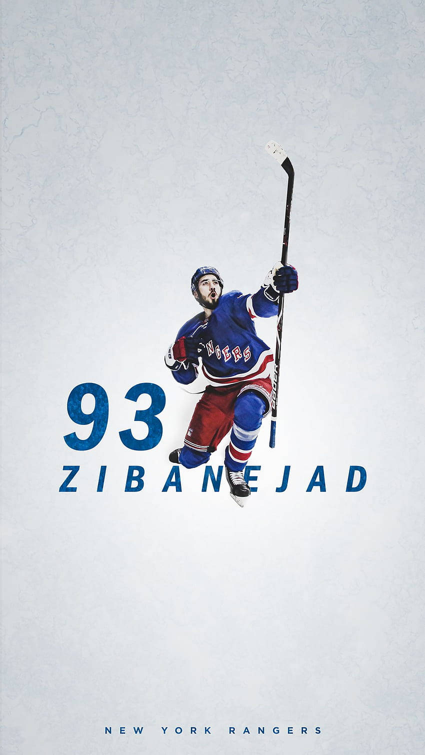 運動 桌布 壁紙 — 冰球運動員 Zibanejad 身穿藍、紅、白 Rangers 球衣，在紋理冰背景前持棍躍起。
