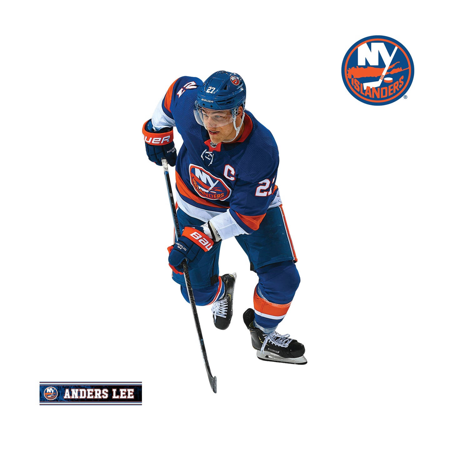 hockey 桌布 壁紙 — 冰球運動員Anders Lee身穿NY Islanders裝備，在白底背景上動態蹲下，球棍準備就緒。