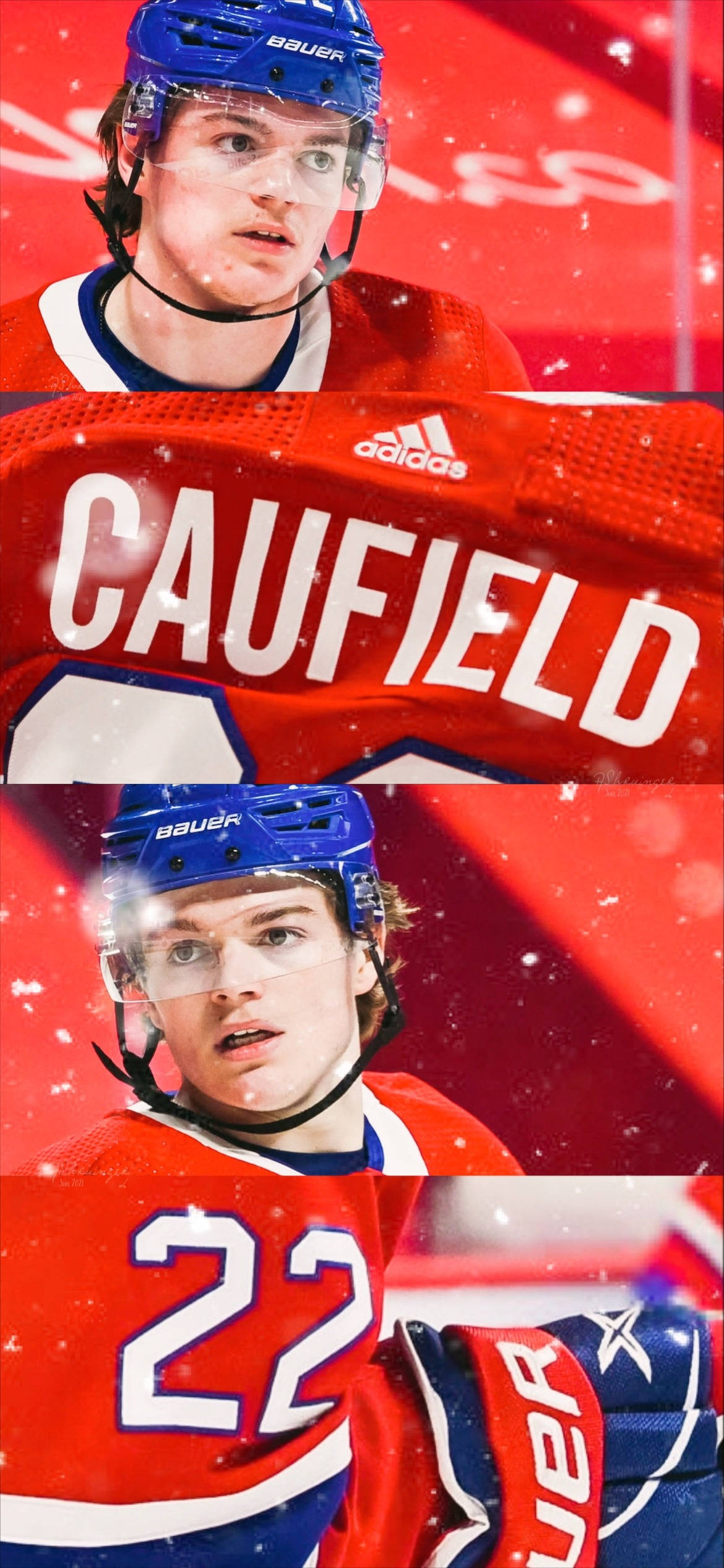 運動 桌布 壁紙 — 冰球運動員Caufield身穿紅色球衣，雪花飄落在鮮紅色背景上的特寫。