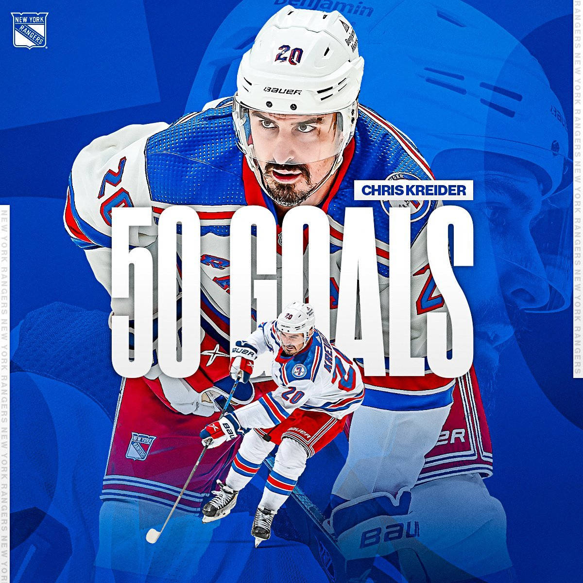 New 桌布 壁紙 — 冰球運動員Chris Kreider身穿紐約遊騎兵裝備，在藍色圖形背景上以粗體文字覆蓋慶祝50個進球。