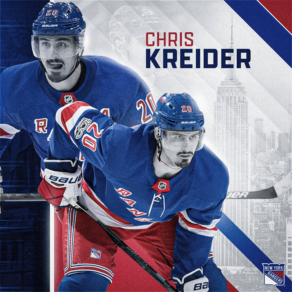 New 桌布 壁紙 — 冰球運動員Chris Kreider身穿藍、紅、白色的紐約遊騎兵隊裝備，在風格化的紐約市天際線背景下動態擺姿勢。