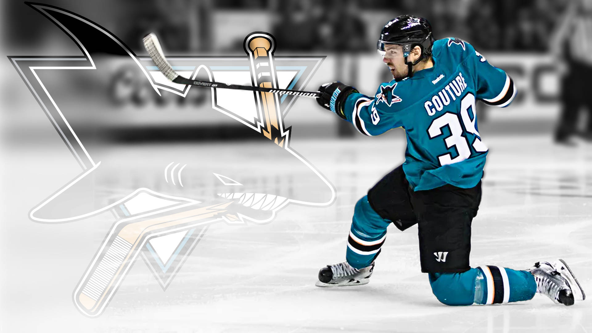 hockey 桌布 壁紙 — 冰球運動員Couture身穿青色鯊魚隊球衣，在冰上慶祝，並疊加球隊標誌圖案。