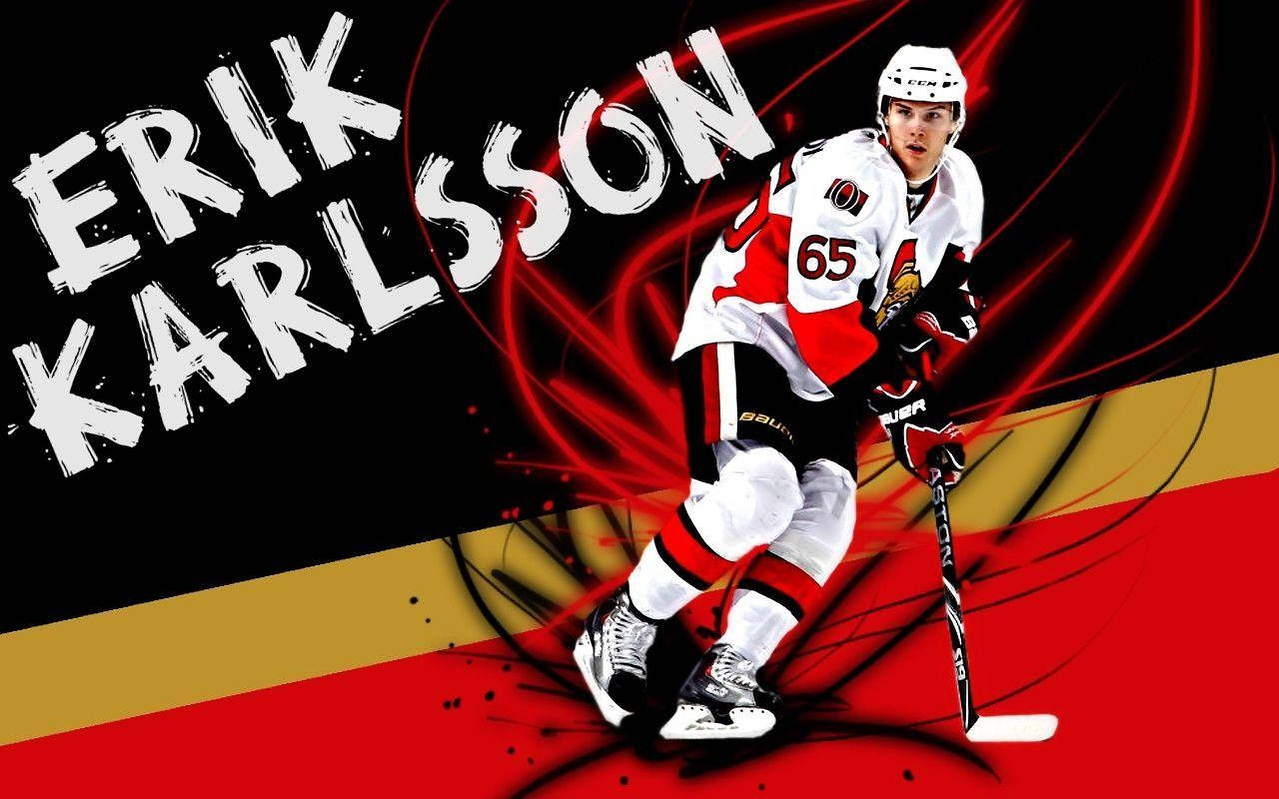 Senators 桌布 壁紙 — 冰球運動員Erik Karlsson身穿白色65號球衣，在鮮明的紅、黑、金色背景上動態滑行，帶有運動軌跡。