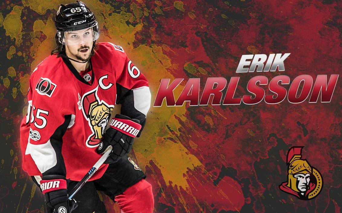 運動 桌布 壁紙 — 冰球運動員Erik Karlsson身穿紅色渥太華參議員隊球衣，在熾熱抽象背景前手持球桿。
