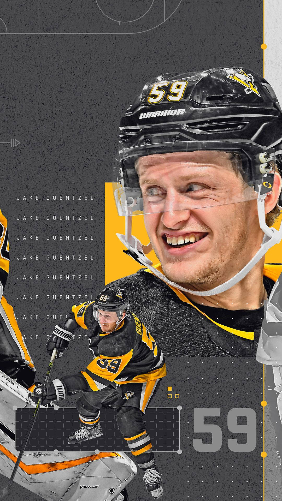 hockey 桌布 壁紙 — 冰球運動員Jake Guentzel身穿黑金色制服微笑的特寫，頭盔和球衣上印有59號。