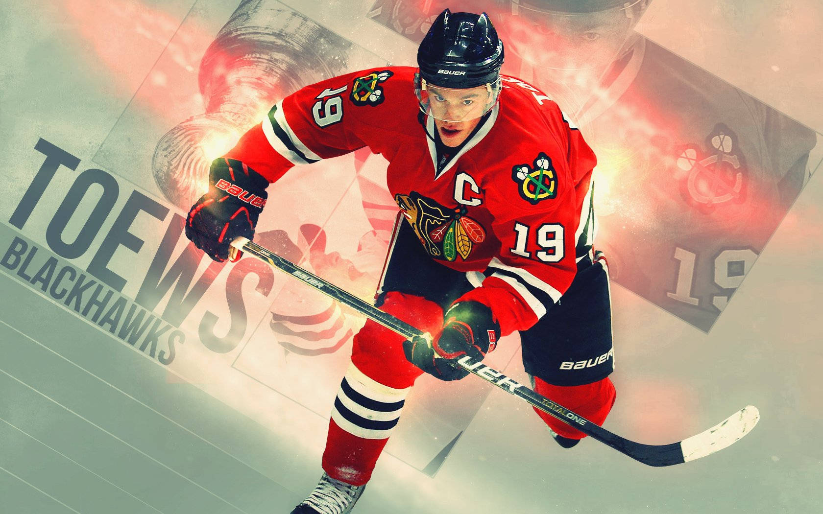 hockey 桌布 壁紙 — 冰球運動員Jonathan Toews身穿紅色Blackhawks球衣19號，在冰上動態滑行，手持發光的球桿。