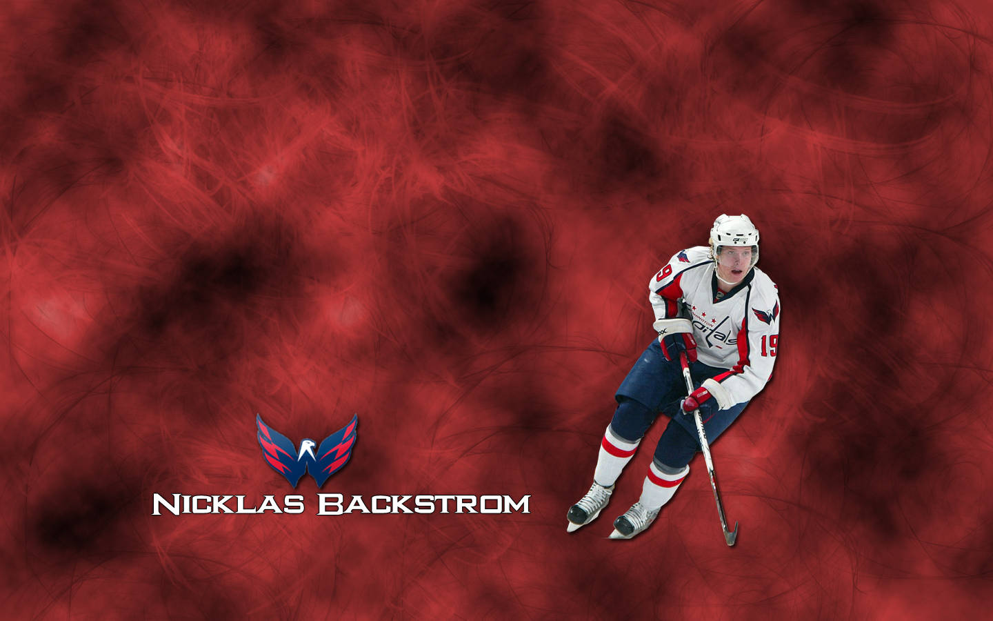 Washington Capitals 桌布 壁紙 — 冰球運動員Nicklas Backstrom身穿白色球衣，手持球棍蹲在旋轉的紅色抽象背景前。
