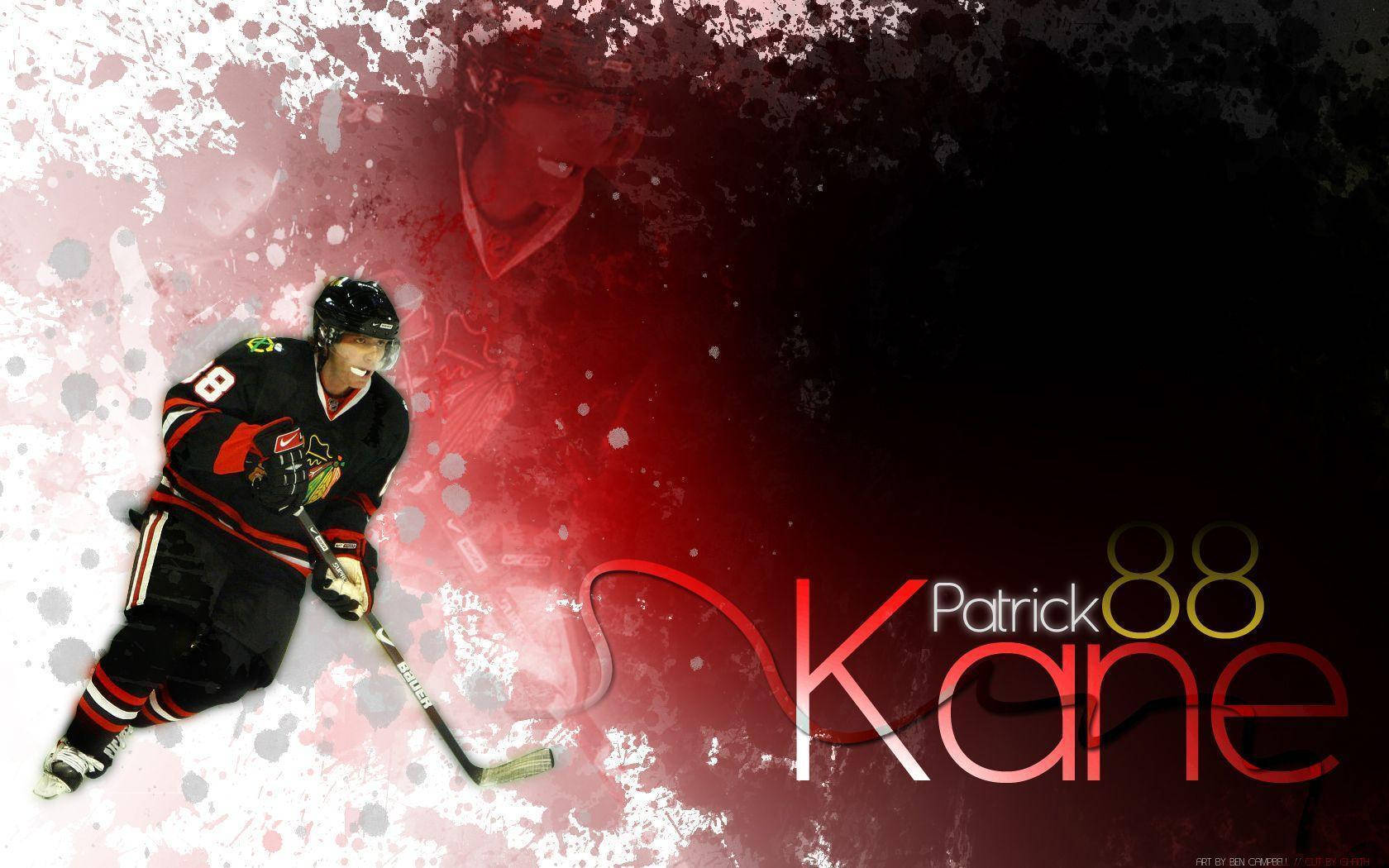 運動 桌布 壁紙 — 冰球運動員Patrick Kane身穿黑紅相間球衣，在濺滿紅白色的背景上動感滑行，其姓名和號碼清晰展示。