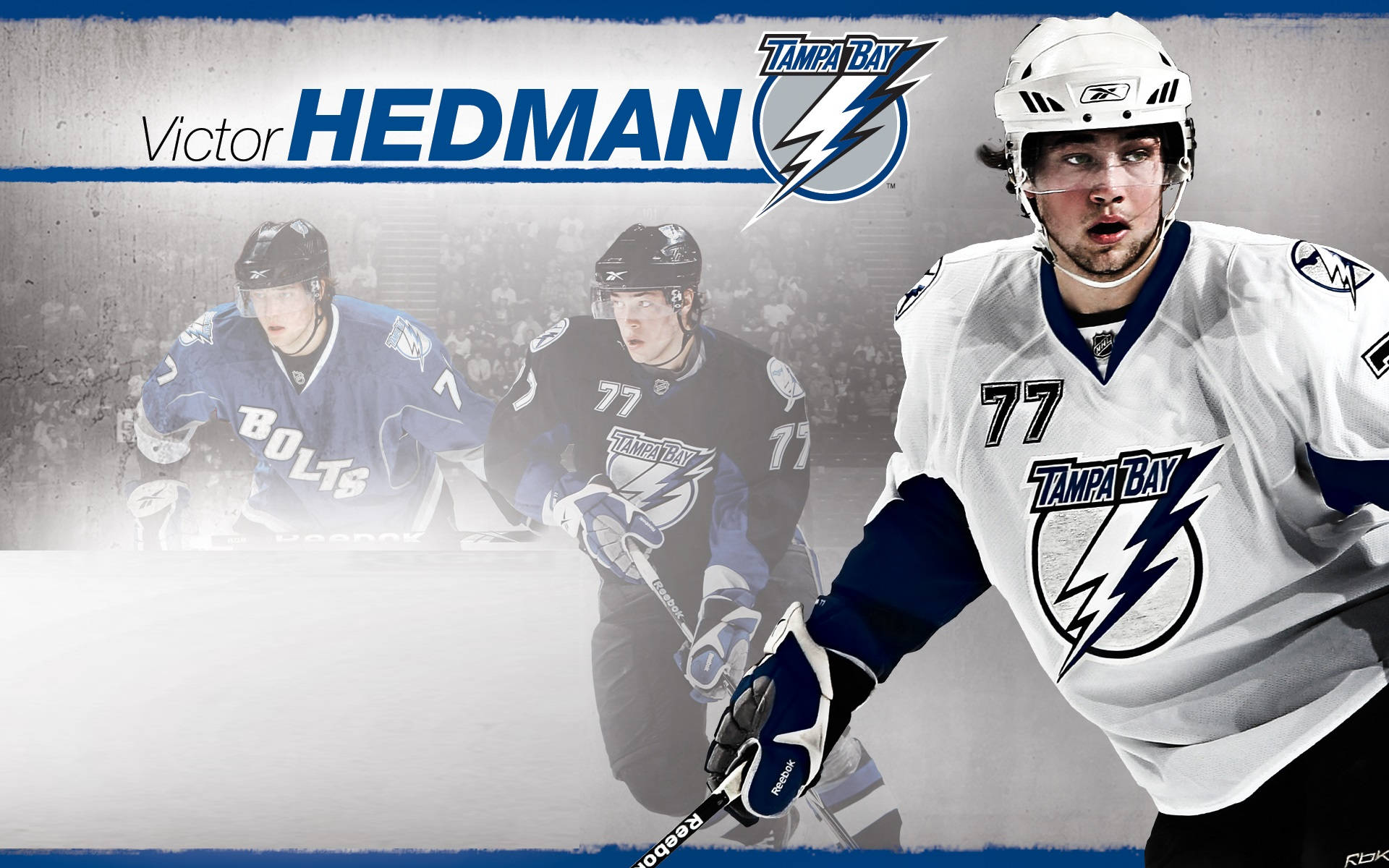 hockey 桌布 壁紙 — 冰球運動員Victor Hedman身穿坦帕灣閃電隊裝備，背後有模糊的動作鏡頭，動感十足地擺出姿勢。
