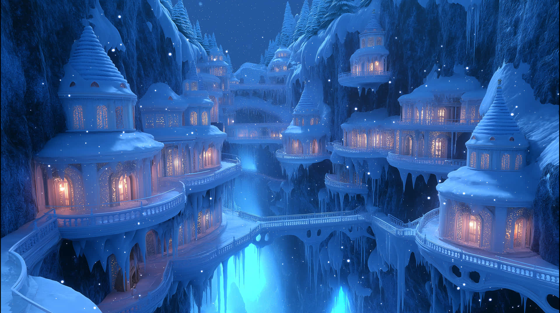 Whimsical Ice Village with Enchanting Glowing Dwellings 壁紙 — 冰藍色夢幻城堡坐落在冰凍的懸崖上，窗戶發光，周圍雪花飄落。