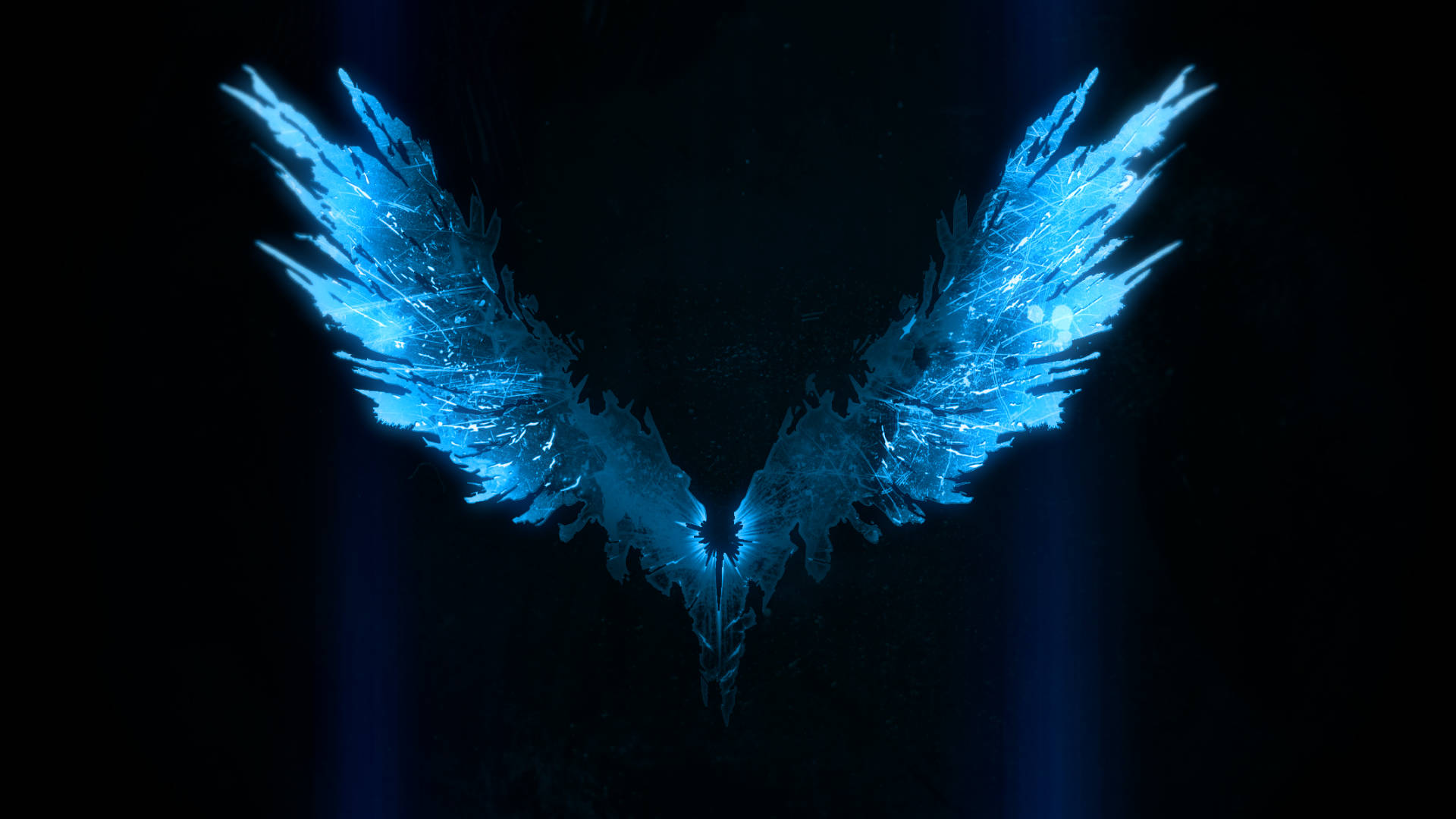 Devil May Cry 5 桌布 壁紙 — 冰藍色水晶翅膀在黑暗虛空中發光，垂直光束穿透而過。