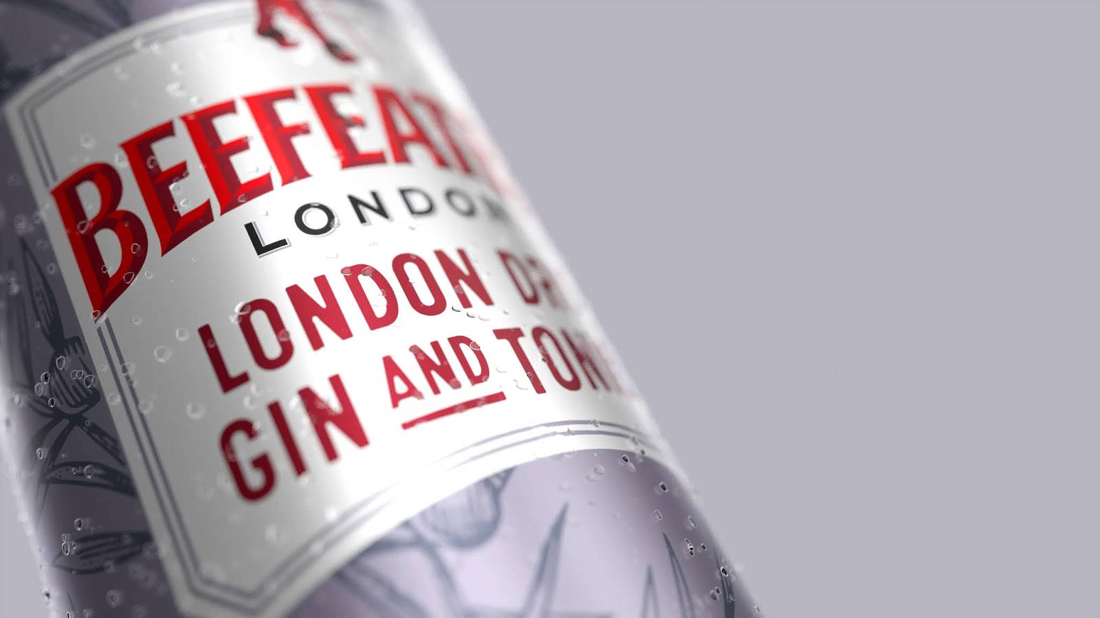 Gin 桌布 壁紙 — 冰鎮 Beefeater London Dry Gin 酒瓶特寫，銀色標籤上凝結著水珠。