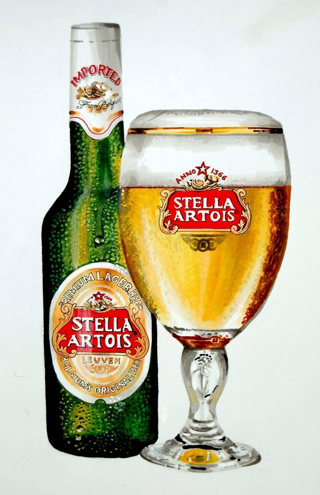 Drink 桌布 壁紙 — 冰鎮的 Stella Artois 啤酒瓶和裝滿金黃色拉格啤酒及泡沫的玻璃杯，背景為純白色。