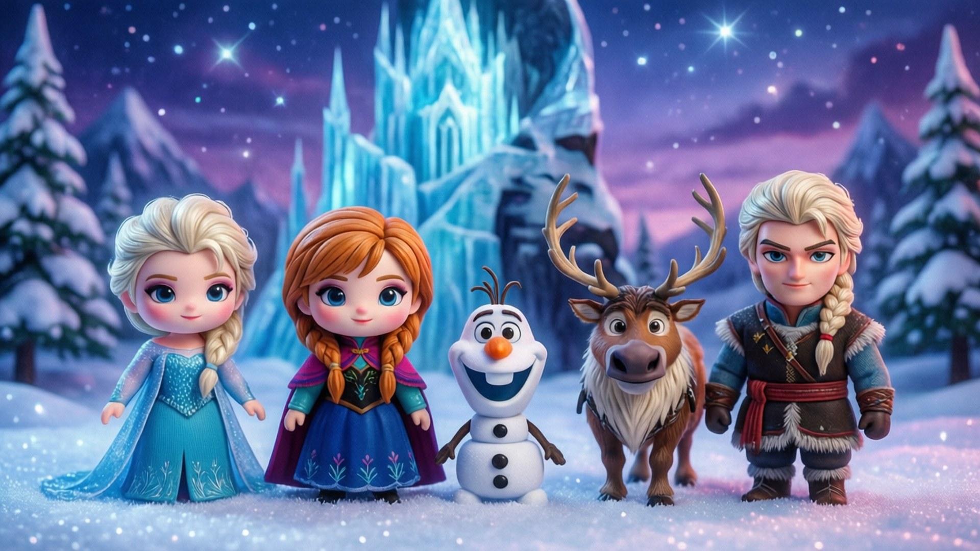 冰雪奇緣主題的 Tsum Tsum 玩偶在冬季仙境中。