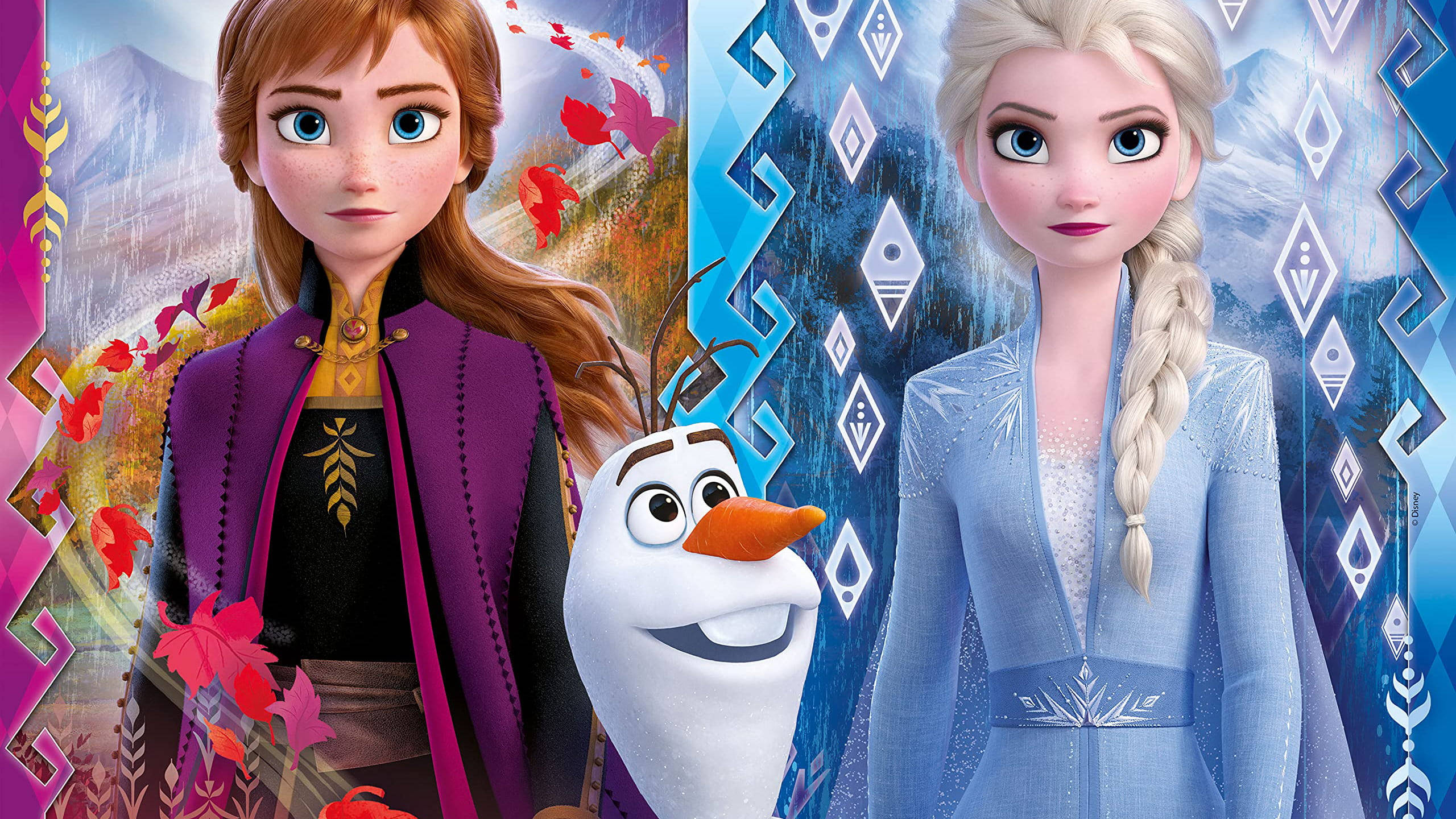 anna 桌布 壁紙 — 《冰雪奇緣》中的安娜和艾莎並肩而立，雪寶在中間，背景是秋天和冰天雪地。