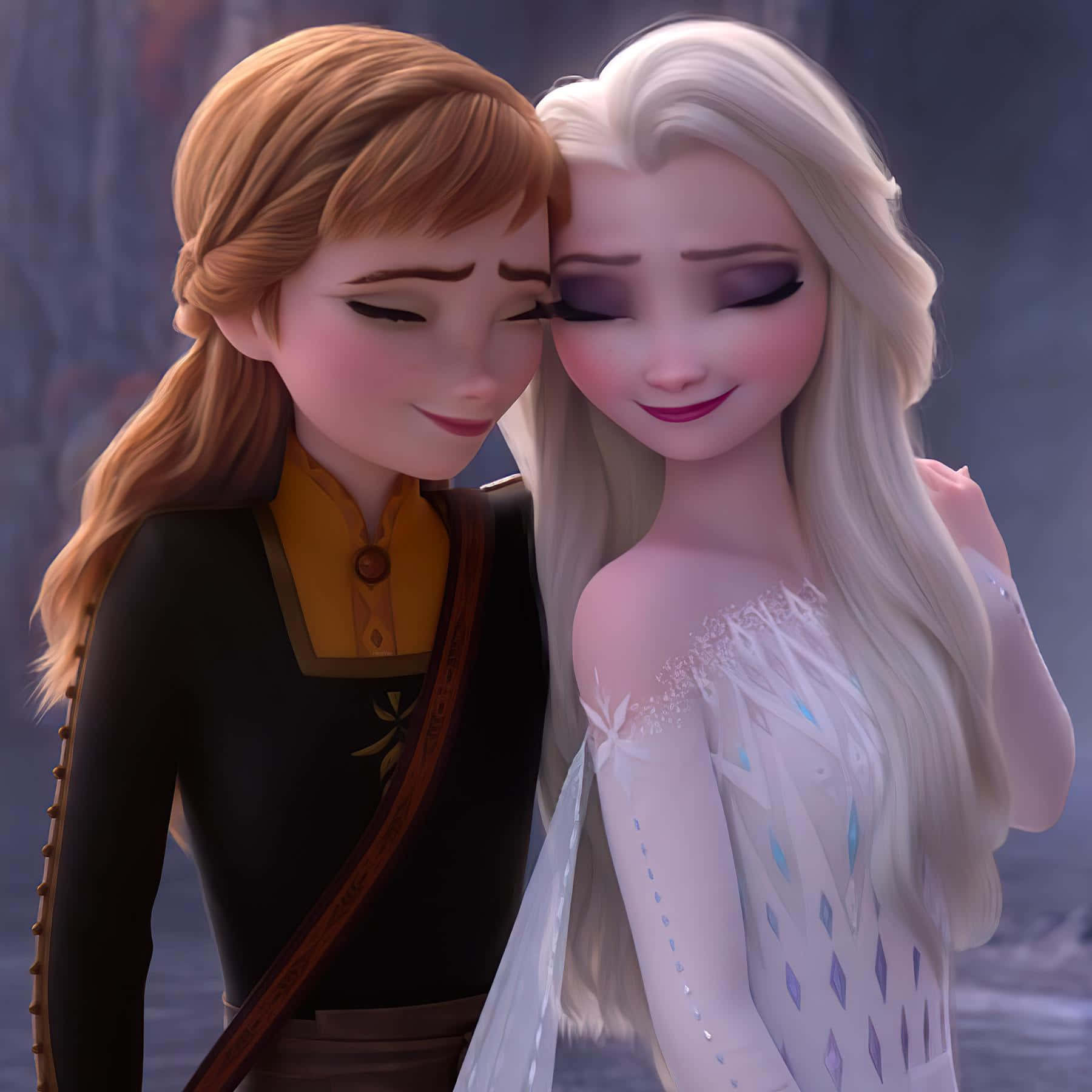 sisters 桌布 壁紙 — 《冰雪奇緣》中的安娜和艾莎在柔和的雪景中額頭相貼，分享溫馨時刻。