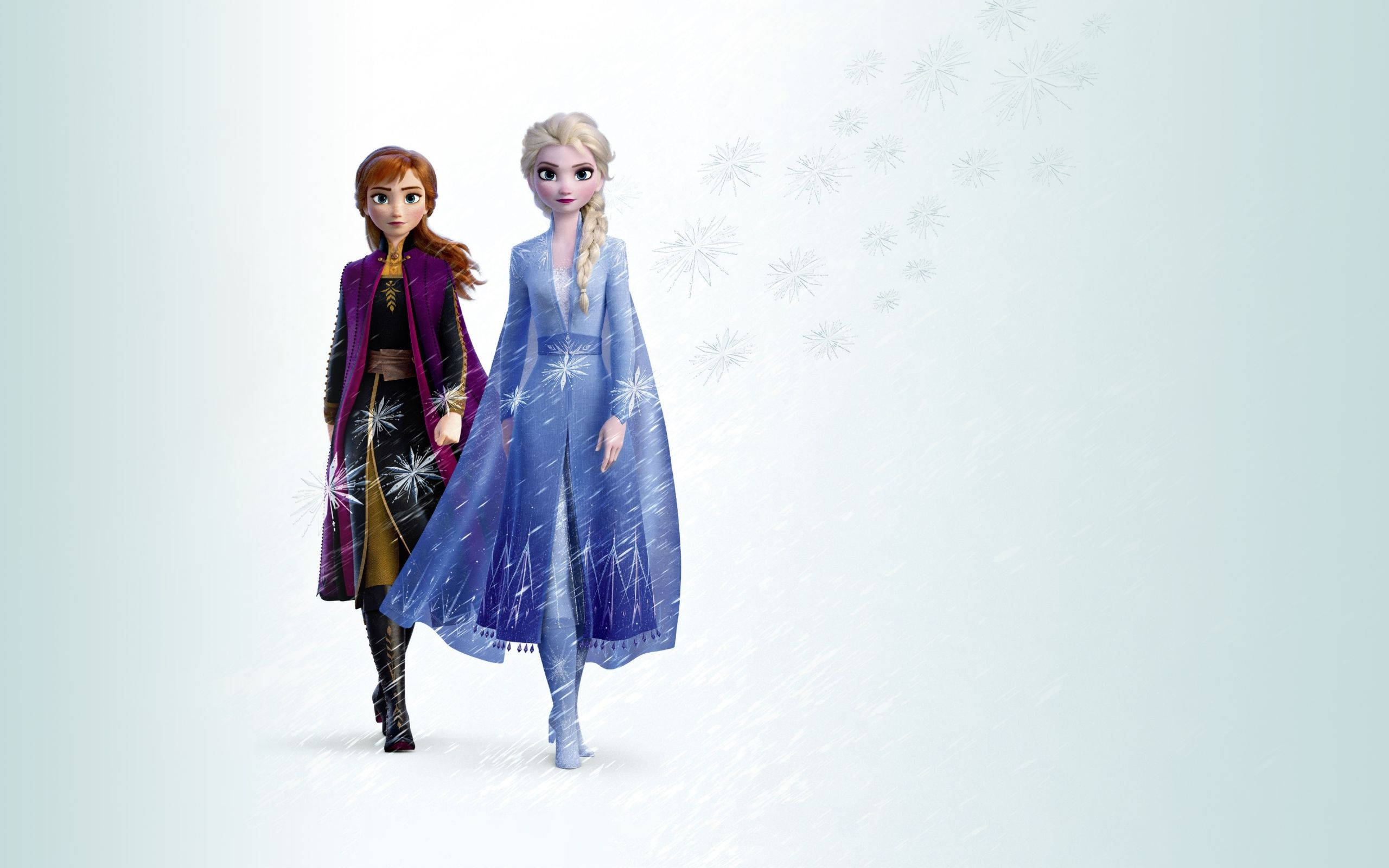 冰雪奇緣2 桌布 壁紙 — 《冰雪奇緣》中的安娜和艾莎在飄雪背景下穿著冰凍的冬季服裝並肩而行。