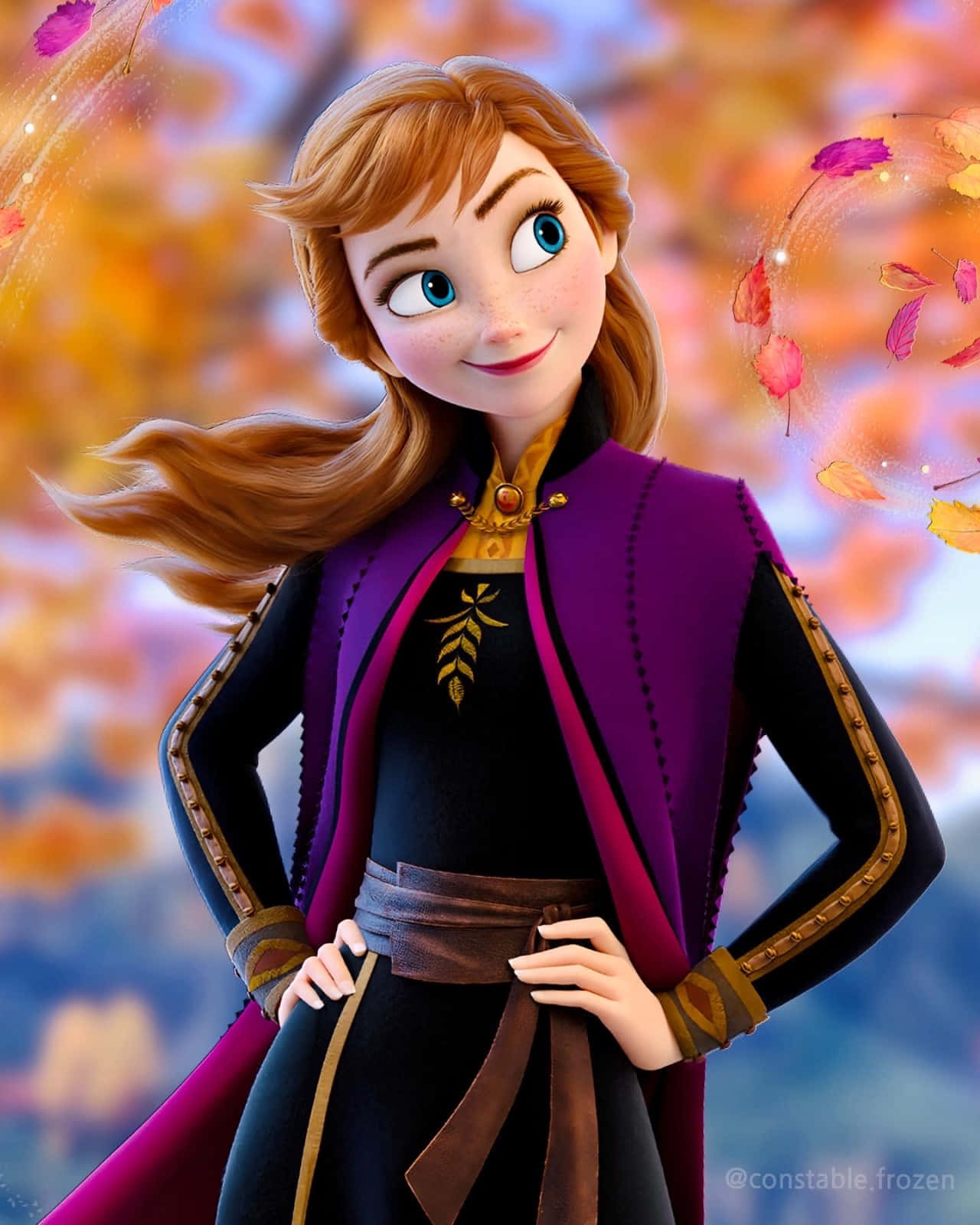 《冰雪奇緣》中的安娜微笑著，秋葉在她周圍旋轉。 — 冰雪奇緣 GIF 壁紙