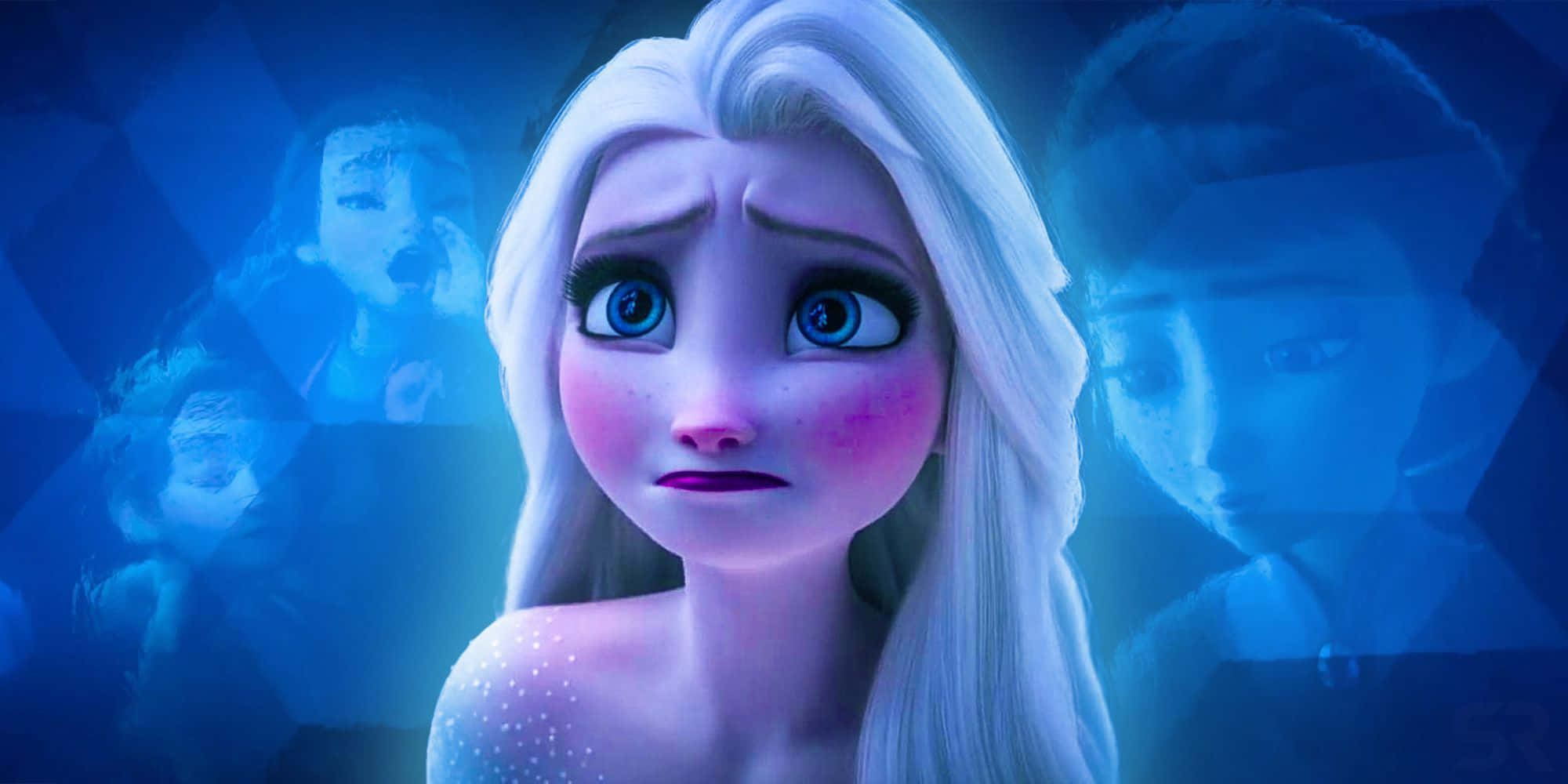 冰雪奇緣2 桌布 壁紙 — 《冰雪奇緣》中的艾莎（Elsa）在藍色幾何背景上，帶著發光的藍色眼睛和白色頭髮，看起來很擔心，背景中還有幽靈般的面孔。