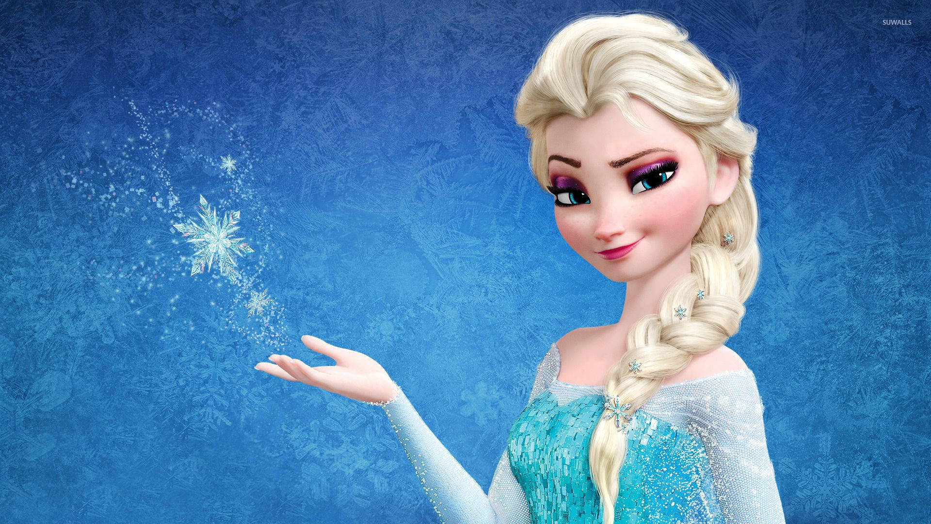 冰雪奇緣2 桌布 壁紙 — 《冰雪奇緣》中的艾莎優雅地伸出手，雪花在帶紋理的冰藍色背景上閃爍。