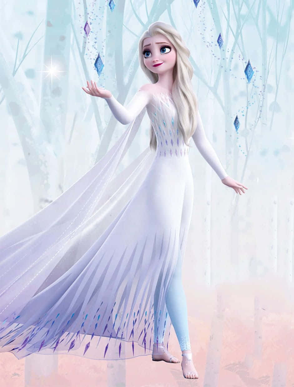 桌布 壁紙 — 《冰雪奇緣》中的艾莎優雅地站在雪地森林中，她的冰裙飄逸，同時用溫柔的手施展魔法。