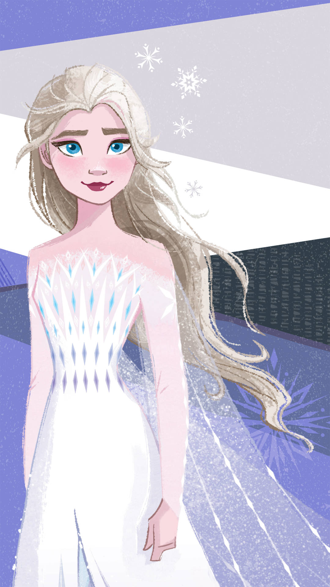艾莎 桌布 壁紙 — 《冰雪奇緣》中的艾莎優雅地站立，身穿閃閃發光的冰裙，雪花在她周圍飄舞，背景是清涼的紫色和白色。