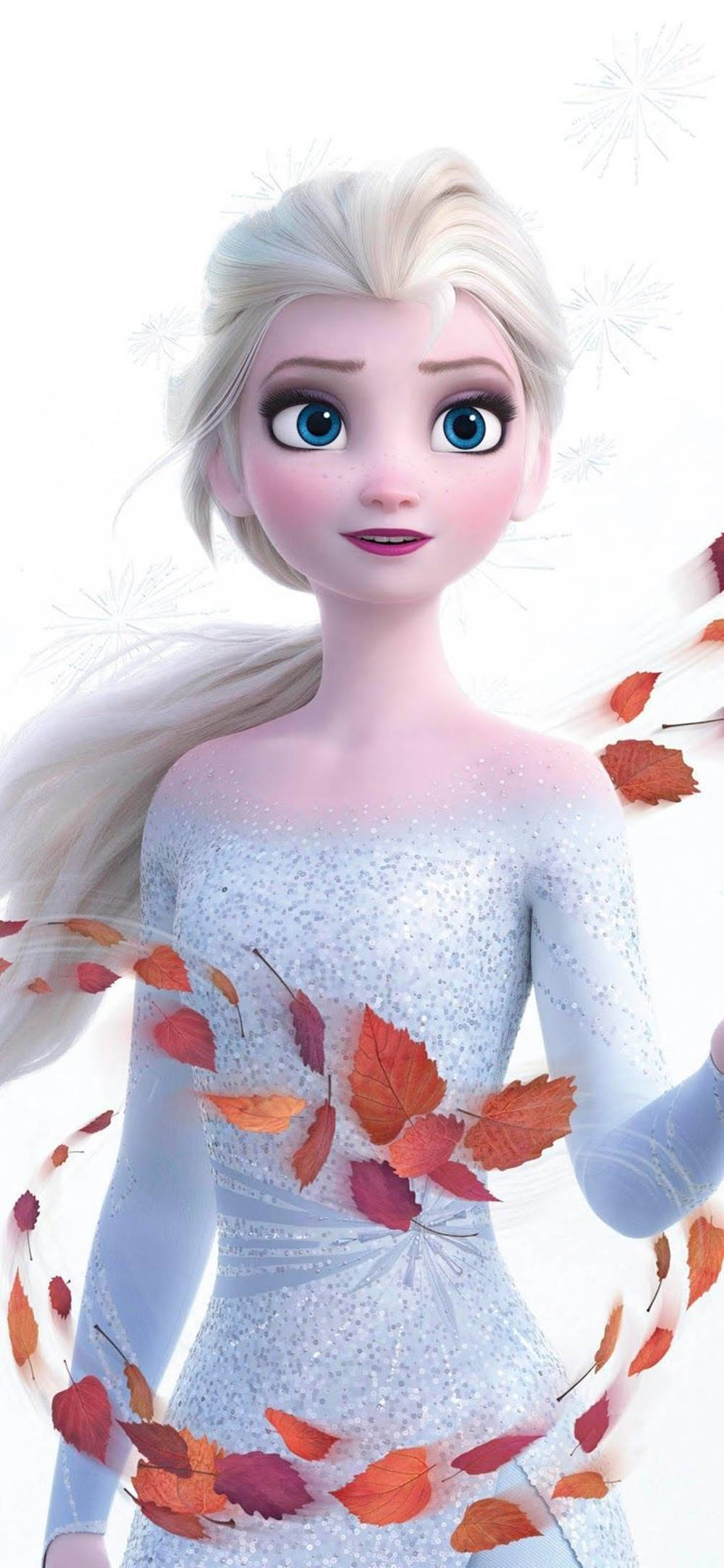 冰雪奇緣2 桌布 壁紙 — 《冰雪奇緣》中的艾莎優雅地站立，身穿閃閃發光的冰裙，秋葉在她周圍旋轉，背景是雪地。